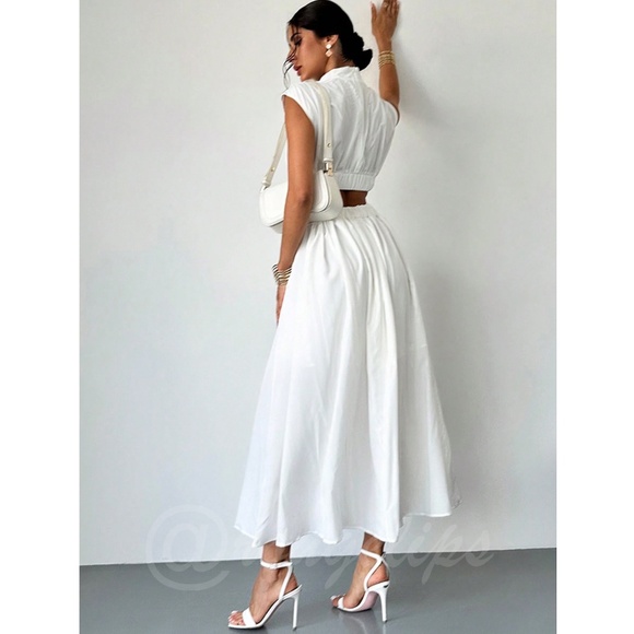 White Long Dress High Neck Cut Out Back Flared Skirt Sleeveless - Picture 6 of 10